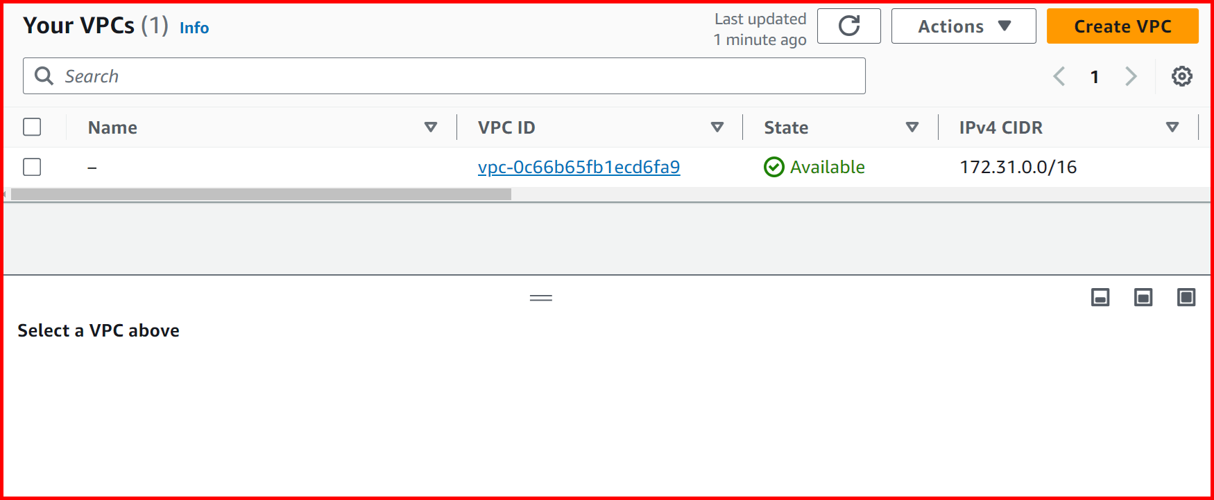 Picture showing the Create VPC button for creating the new VPC